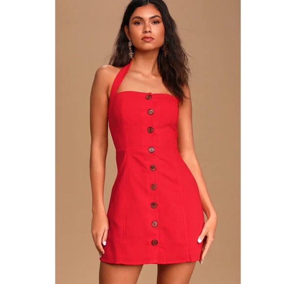 Red Button-Front Halter Mini Dress